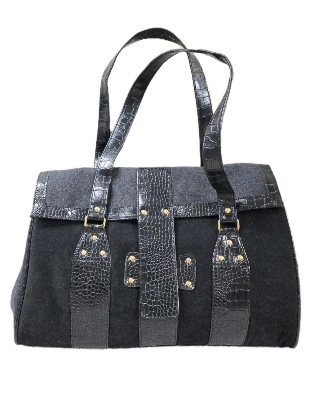 Black Croc Embossed Large Shoulder Bag Faux Suede Wool Blend Tote Purse Satchel